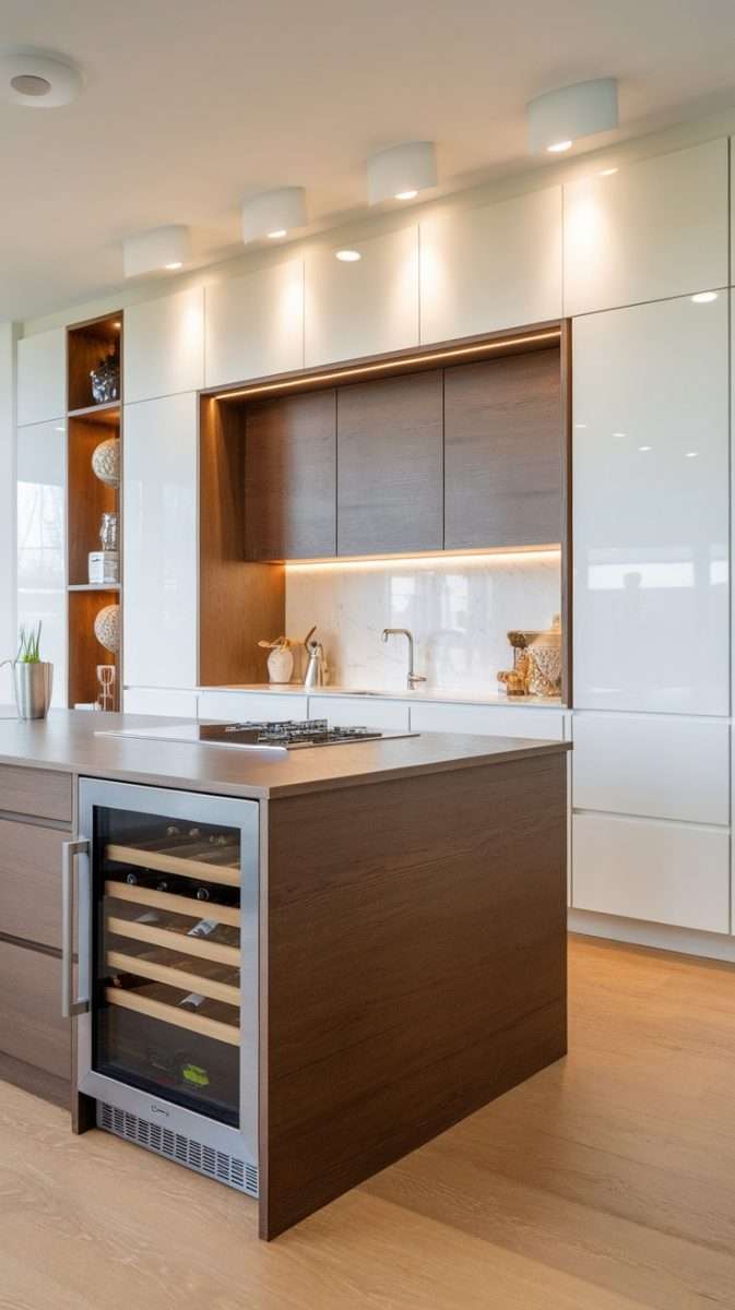 A modern kitchen island with an integrated wine cooler, stylish cabinetry, and warm lighting.