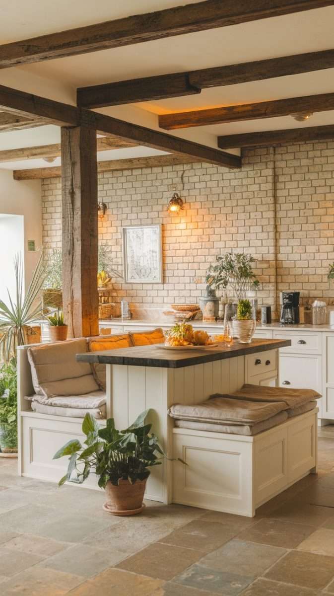 Cozy kitchen island with integrated breakfast nook, featuring plush cushions and natural decor.