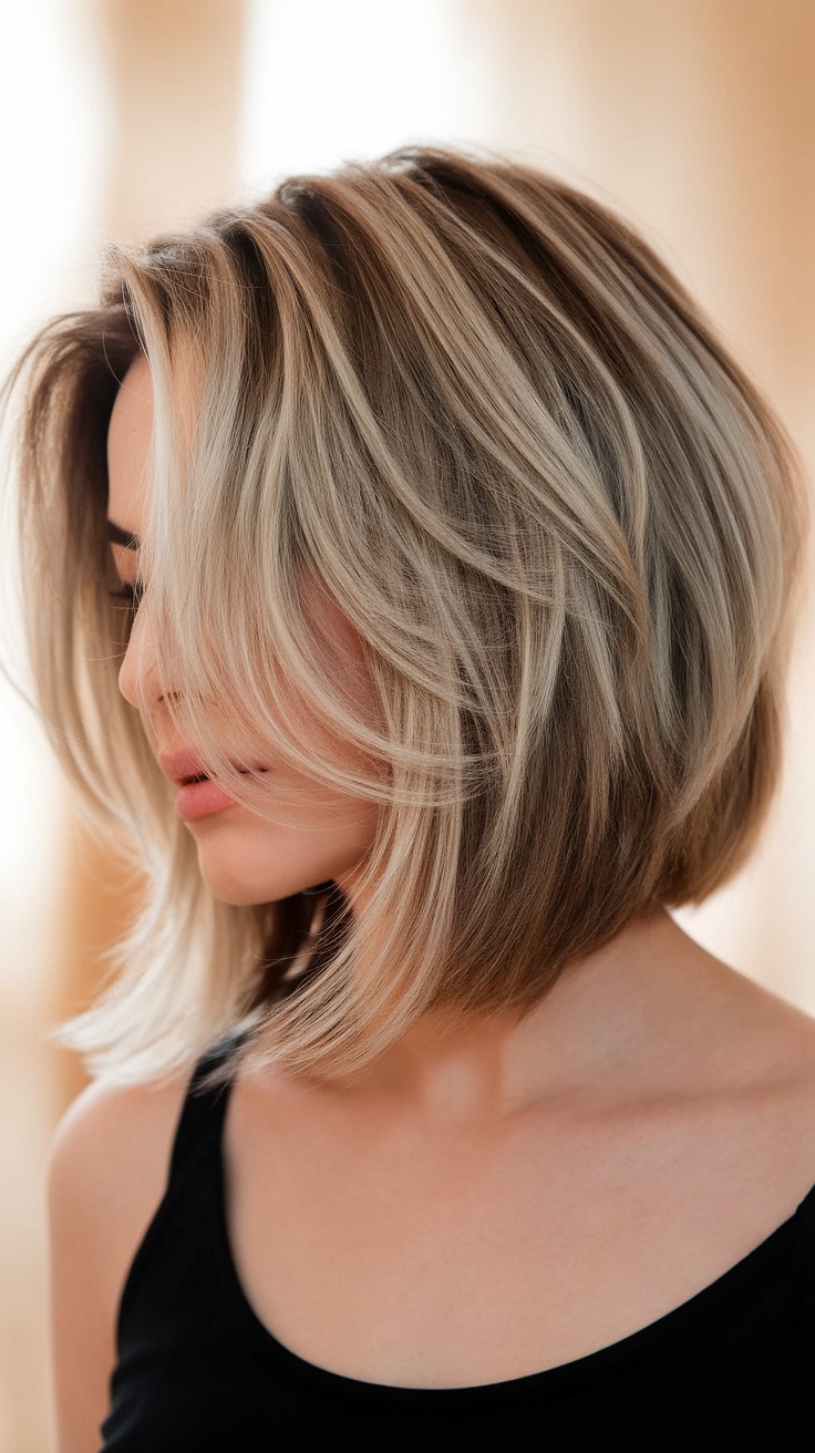 A woman with a layered bob hairstyle featuring highlights, showcasing volume and texture.