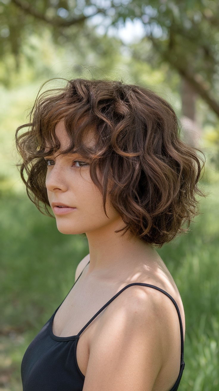 A young woman with curly hair styled in a layered shag haircut, standing outdoors.
