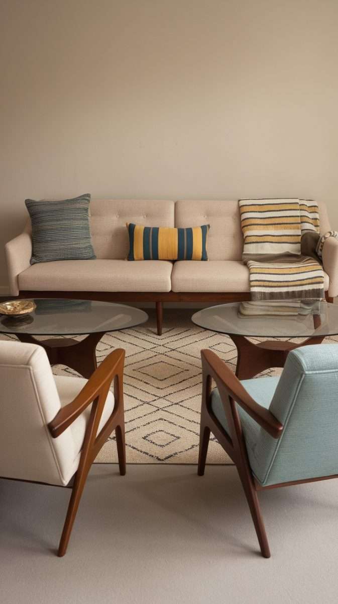 Mid century modern living room with a beige sofa, colorful pillows, and wooden furniture