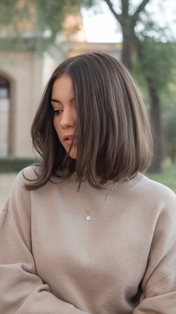 A woman with a lob haircut styled in soft waves, dressed in a sweater, showcasing a natural look.