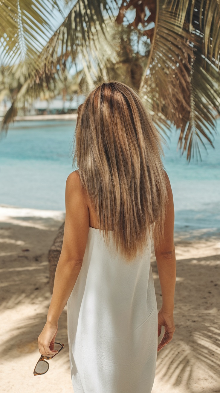 A person with long shag haircut, walking on the beach with beachy waves.