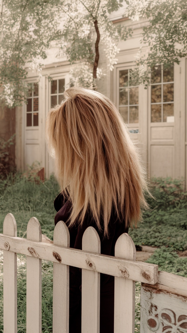 A person with long shaggy hair and subtle highlights, standing near a white picket fence.