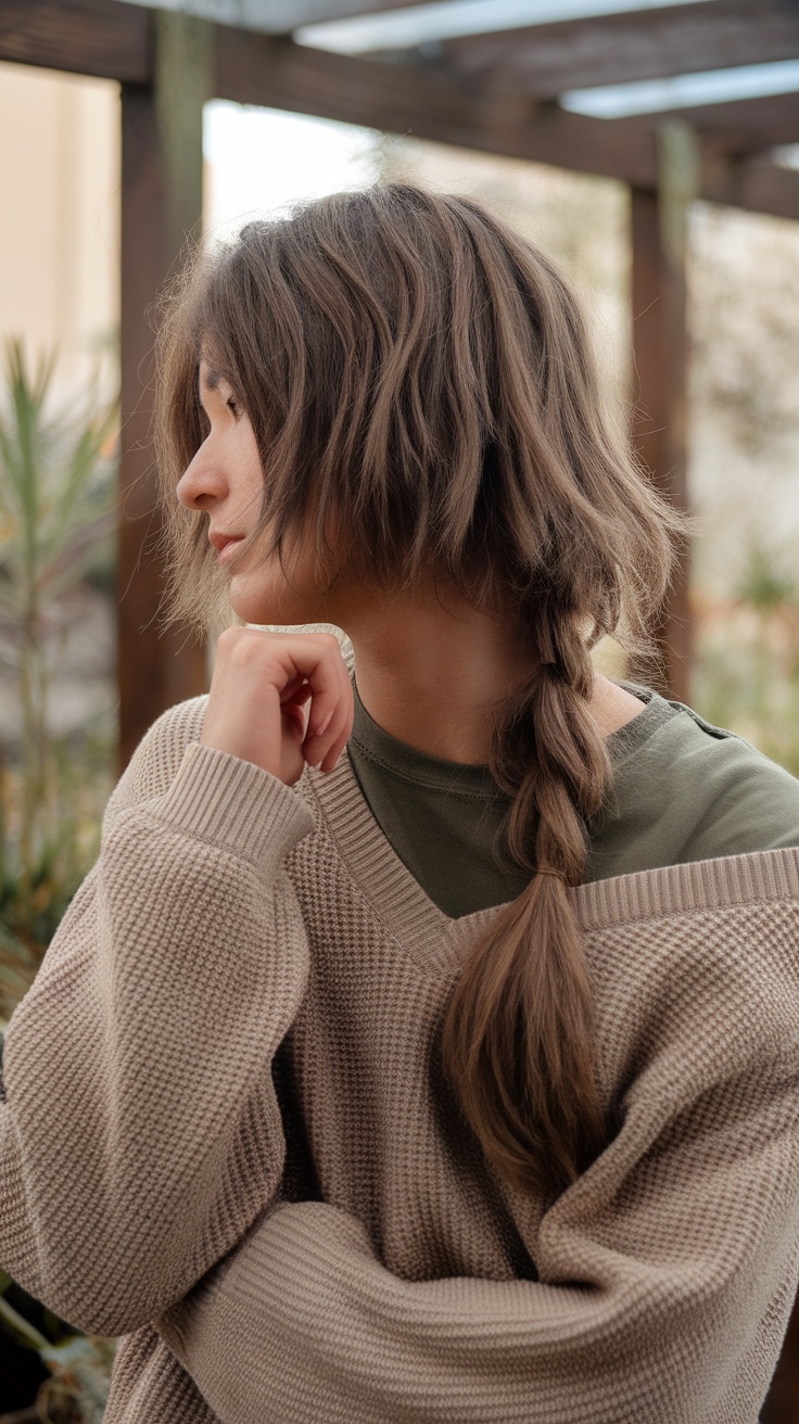 A woman with a long shaggy ponytail, wearing a cozy sweater and a relaxed expression.
