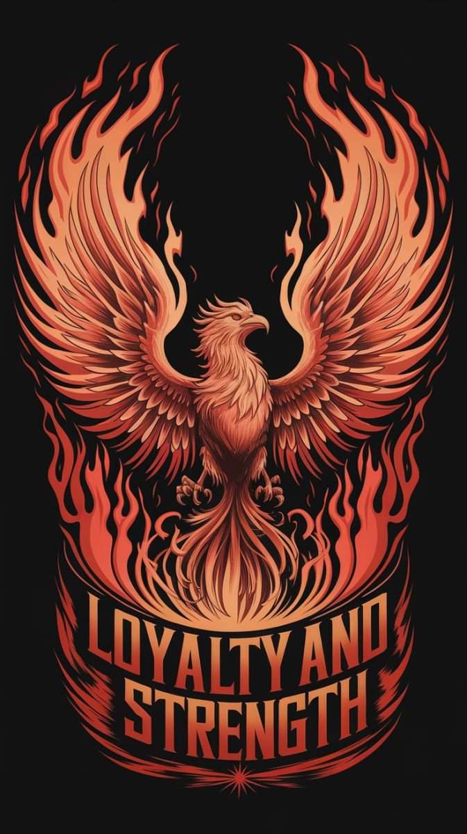 A vibrant phoenix rising from flames with the words 'Loyalty and Strength' integrated into the design.