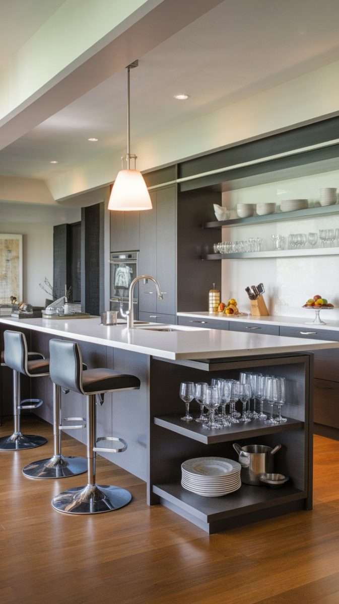 Modern kitchen island with luxurious bar setup featuring sleek stools and organized glassware