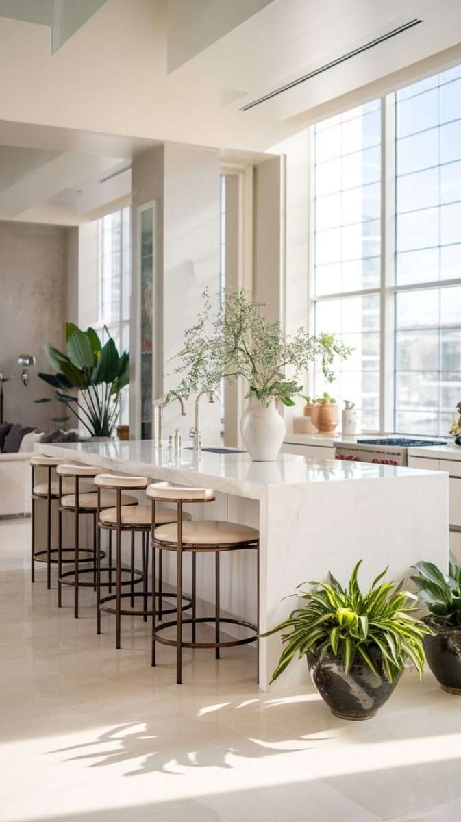 A modern kitchen island with a marble top, stylish bar stools, and potted plants