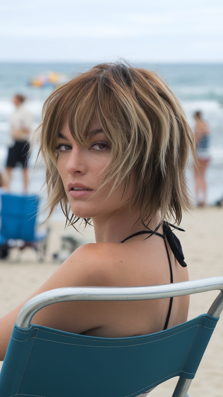 Model with messy bob hairstyle and beach waves at the beach