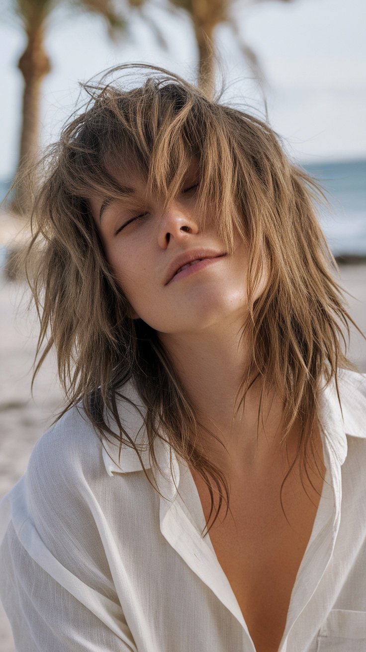 A woman with messy shag haircut displaying natural waves on a beach
