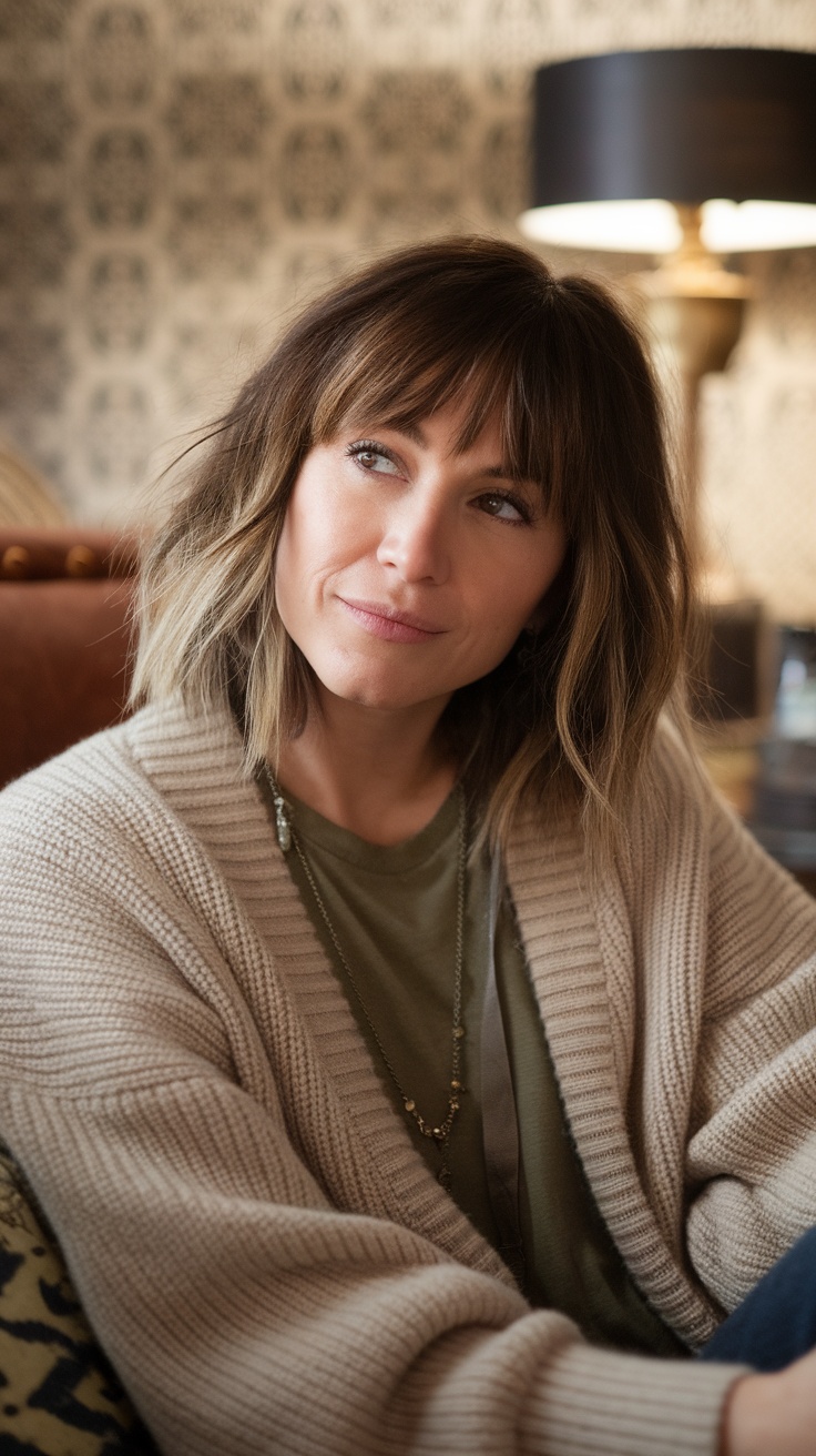 A woman with mid-length shag haircut and bangs, wearing a cozy cardigan, looking thoughtfully.