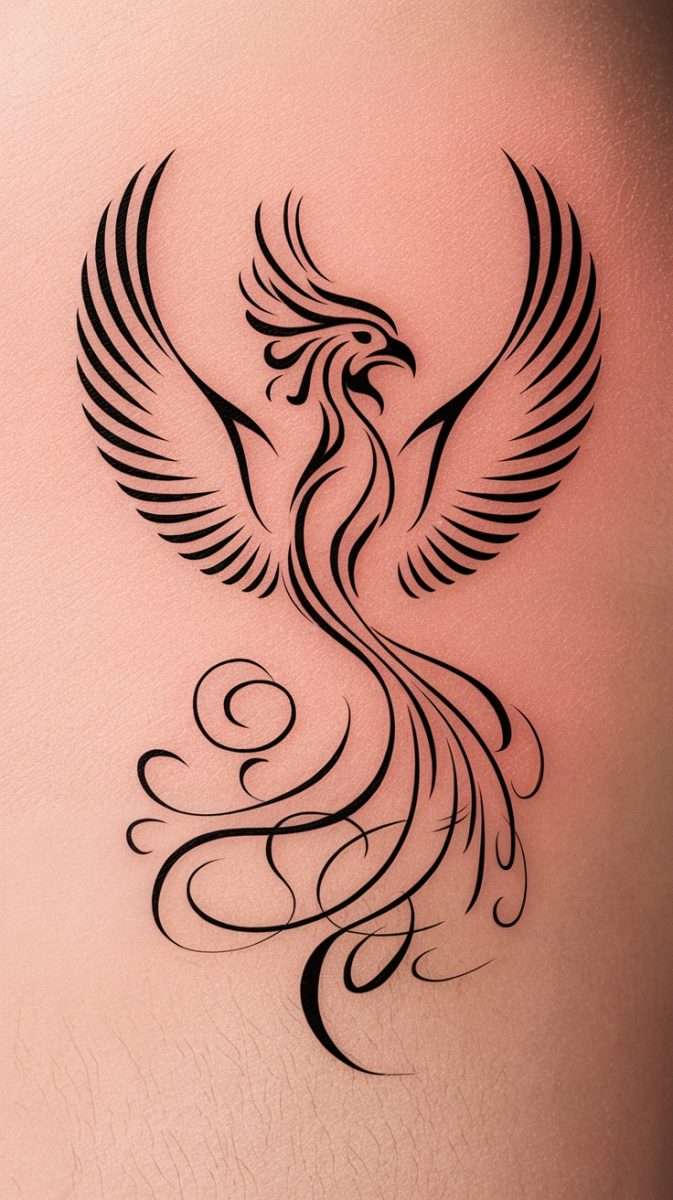 Minimalist feminine rebirth phoenix tattoo design featuring clean lines and elegant curves.