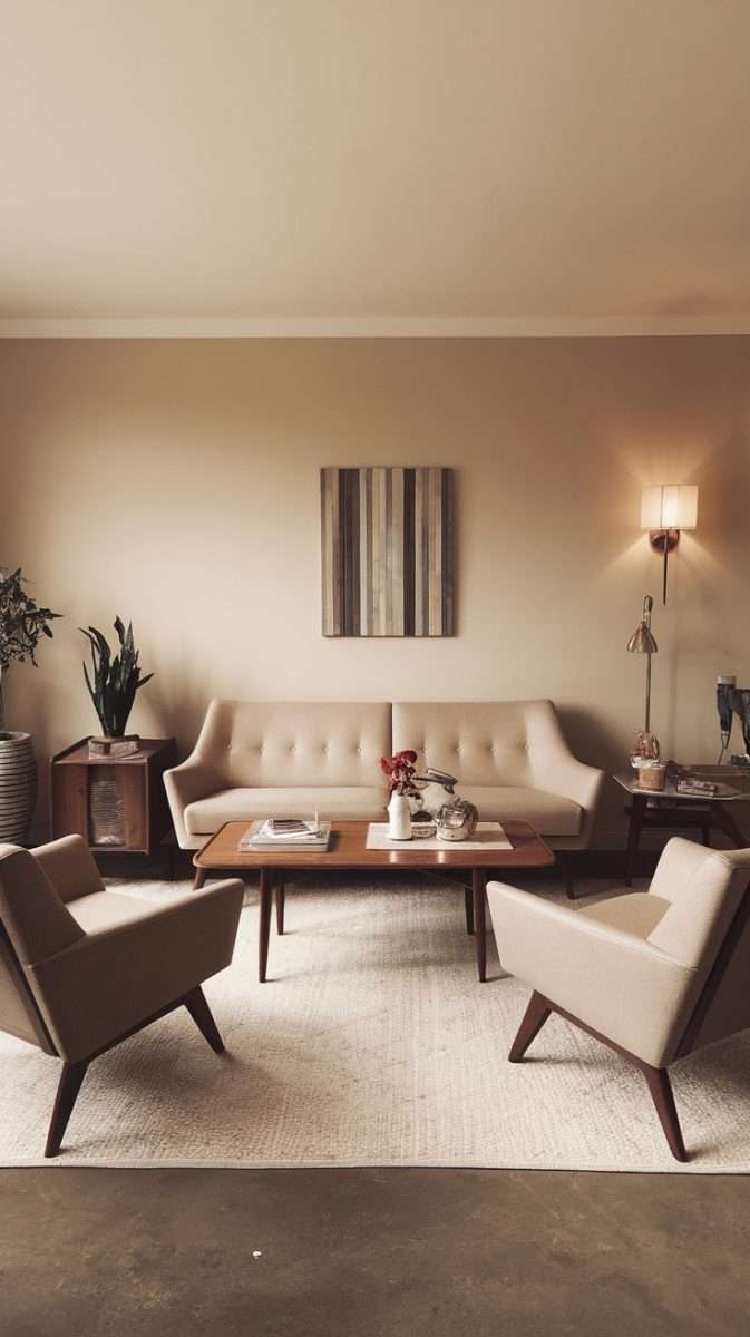 A mid century modern living room featuring a beige sofa, two matching chairs, a wooden coffee table, and decorative accessories.