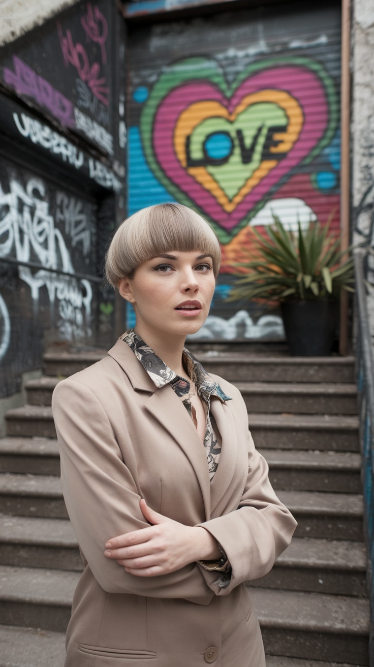 A model showcasing a modern bowl cut hairstyle while wearing a blazer and patterned shirt, with colorful graffiti in the background.