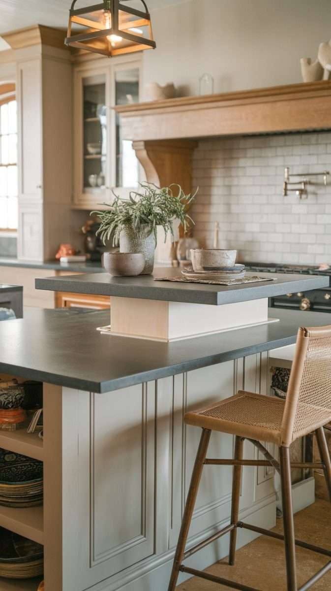 Kitchen island featuring a multi-level design with dark countertop and light cabinetry, adorned with plants and decorative items.