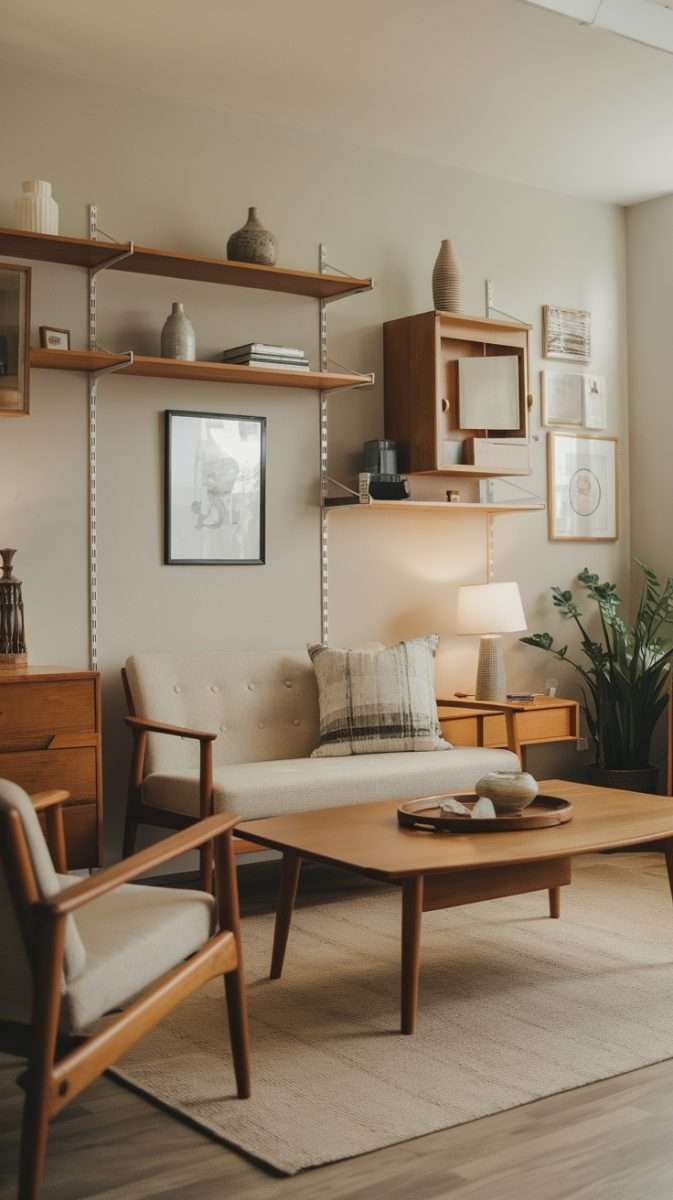 A mid century modern living room featuring natural wood elements, including wooden furniture, open shelving, and decorative accents.
