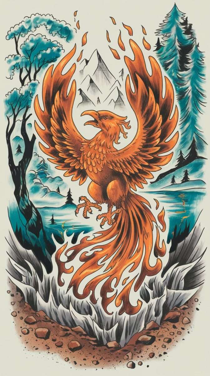 A feminine rebirth phoenix tattoo featuring a phoenix rising from the ground surrounded by nature.