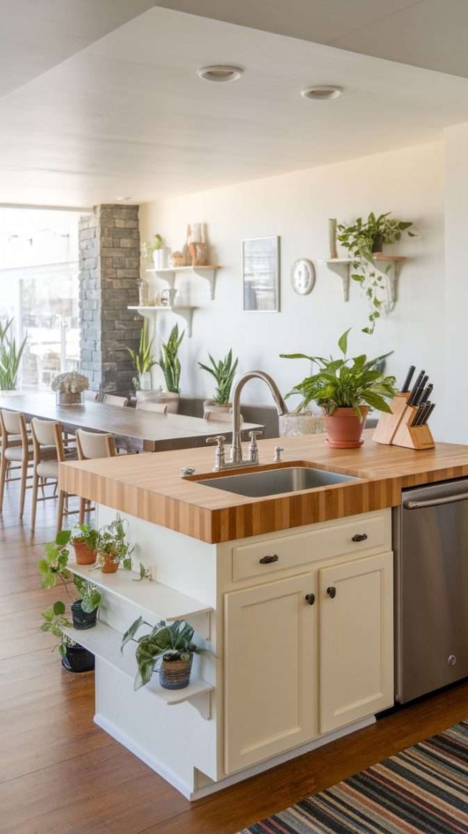 A bright, open kitchen with a wooden island featuring a sink, surrounded by plants and a spacious dining area.