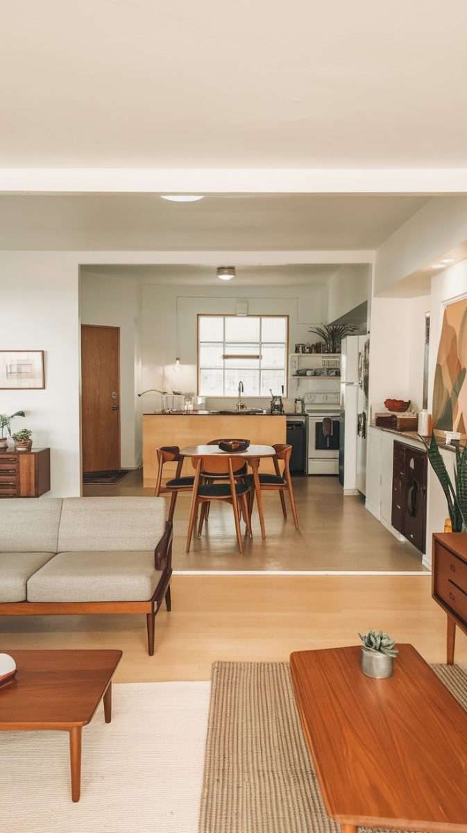 Mid century modern living room with open floor plan connecting to dining area and kitchen.
