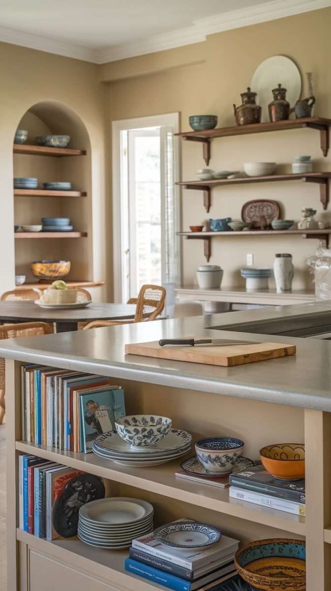 A kitchen with open shelving displaying various dishes and decorative items