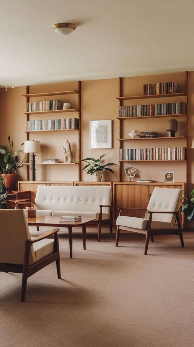 A mid century modern living room featuring personalized bookshelves with a mix of books, decor, and plants.