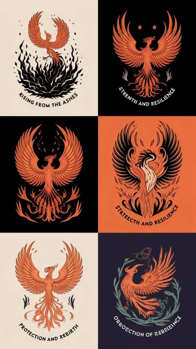 A collection of phoenix tattoo designs symbolizing rebirth, strength, and protection.