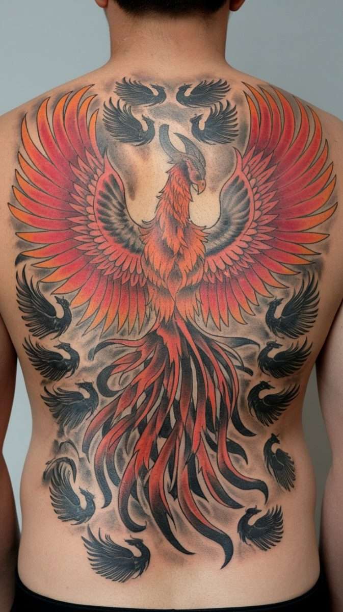 A detailed feminine rebirth phoenix tattoo on a person's back, featuring vibrant colors and intricate designs.
