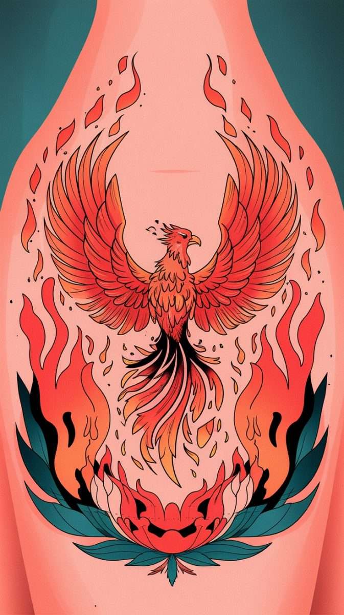 Feminine rebirth phoenix tattoo featuring a phoenix rising with flames and floral elements