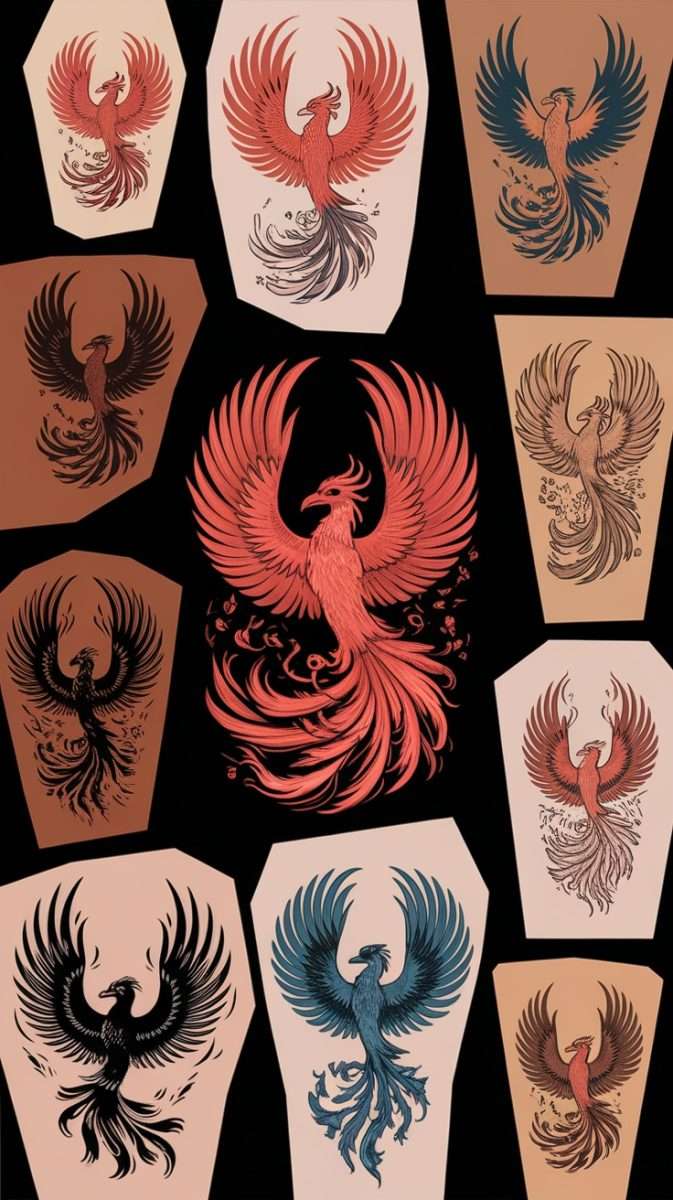 A collection of feminine rebirth phoenix tattoo designs displayed on various skin tones.