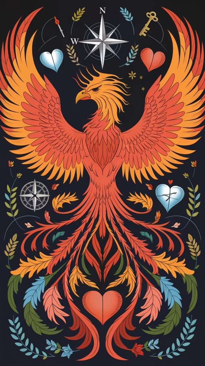 A colorful feminine rebirth phoenix tattoo featuring intricate designs and symbols