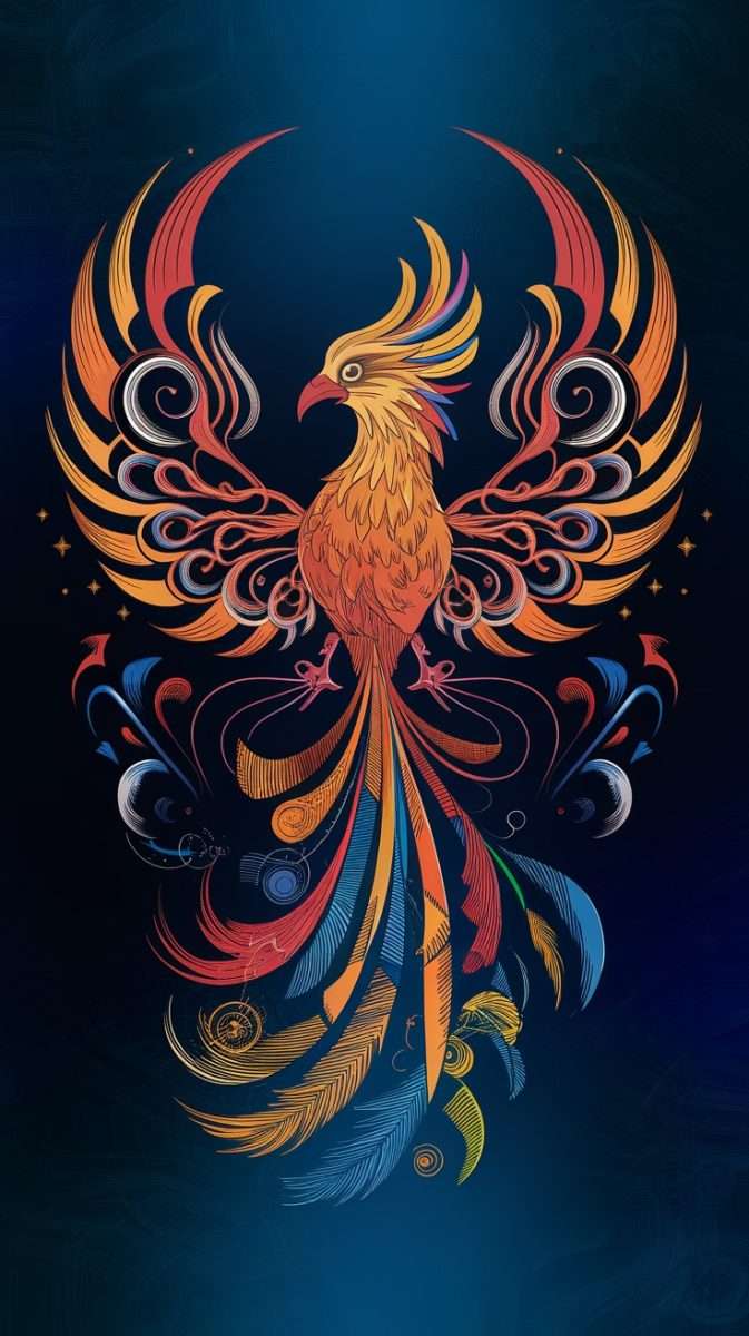 A colorful feminine rebirth phoenix tattoo design with abstract elements against a dark blue background.