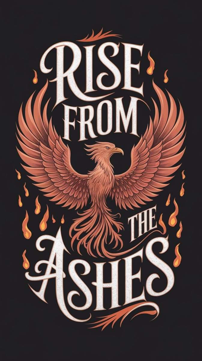 A feminine rebirth phoenix tattoo with the quote 'Rise from the Ashes'.