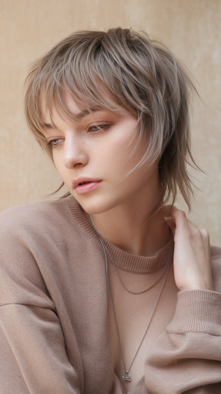 A model showcasing a pixie cut with long layers, featuring textured hair and a casual outfit.
