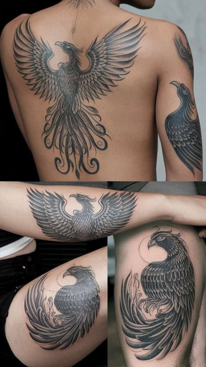 A feminine rebirth phoenix tattoo design on a person's back, showcasing detailed wings and intricate patterns.