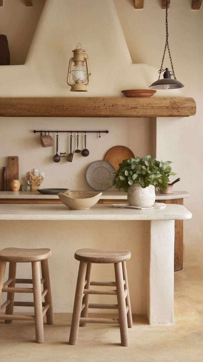 A cozy farmhouse kitchen island with wooden stools, decorative items, and warm tones.