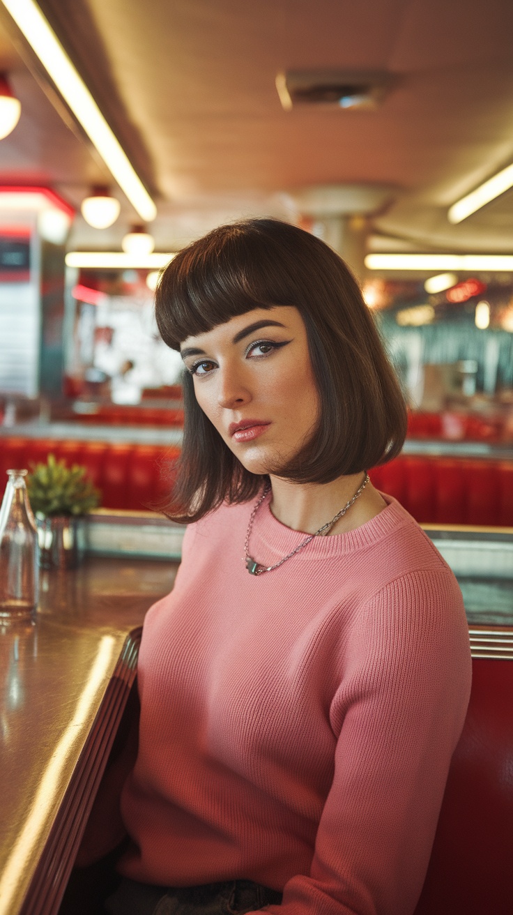 A person showcasing a retro shag haircut in a diner setting.
