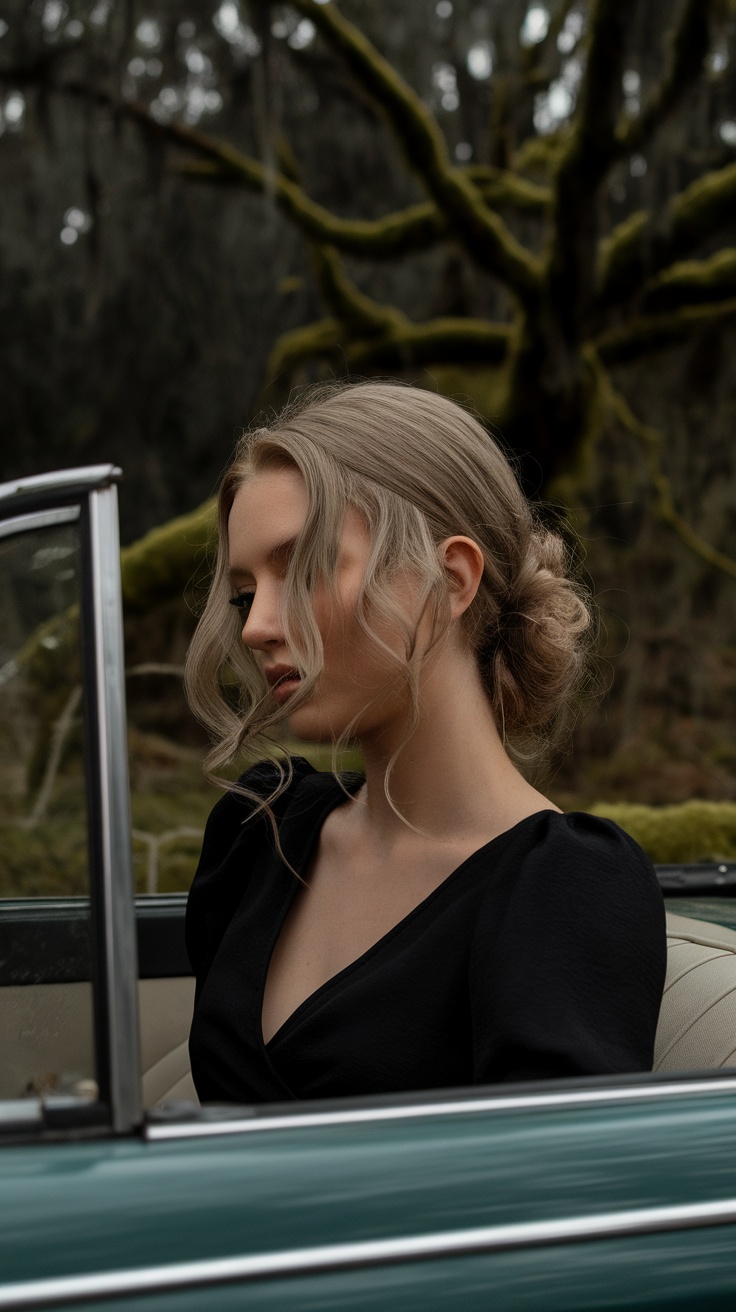 A woman with loose curls sitting in a vintage car, displaying a relaxed and romantic hairstyle.
