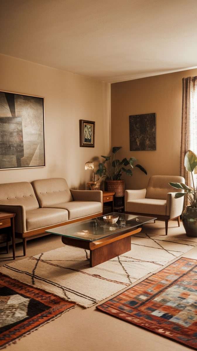 A mid century modern living room featuring layered rugs with a soft beige base rug and colorful patterned rugs on top.