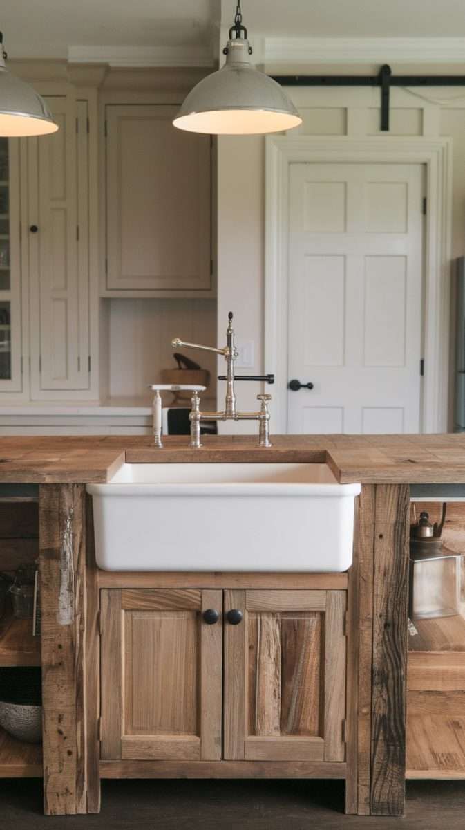 Rustic wood kitchen island with farmhouse sink and vintage fixtures