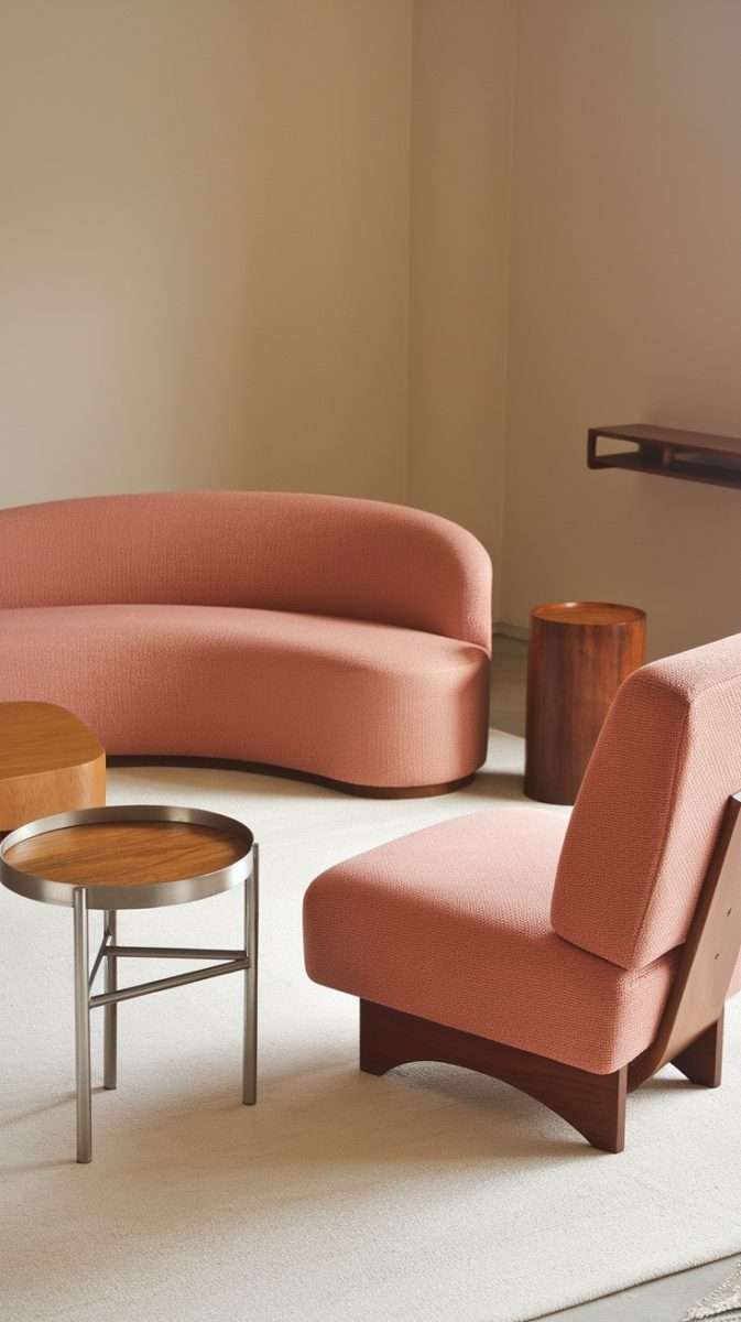 A mid century modern living room featuring a curved pink sofa, a pink armchair, and wooden accent tables.