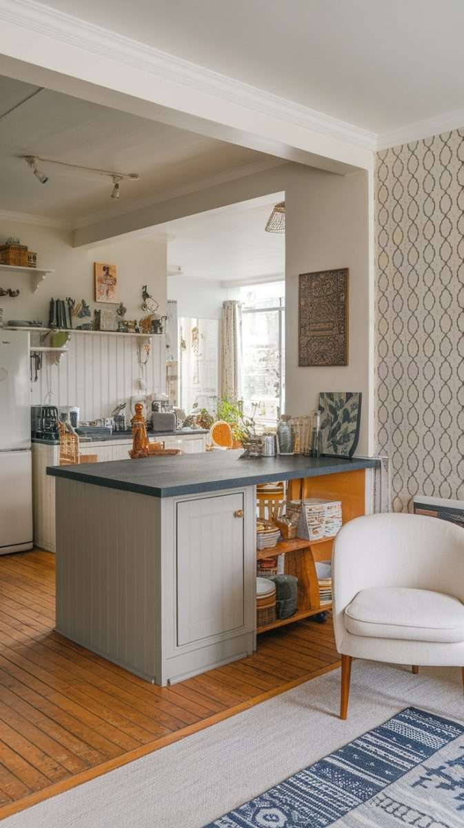 A cozy kitchen with a flowing design leading to a dining area, featuring a stylish kitchen island.