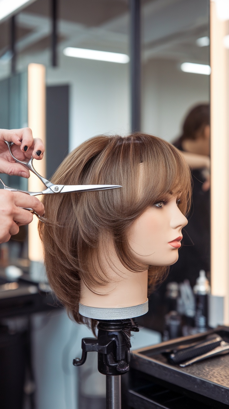 A stylist cutting a shag haircut on a mannequin head, showcasing face-framing layers.