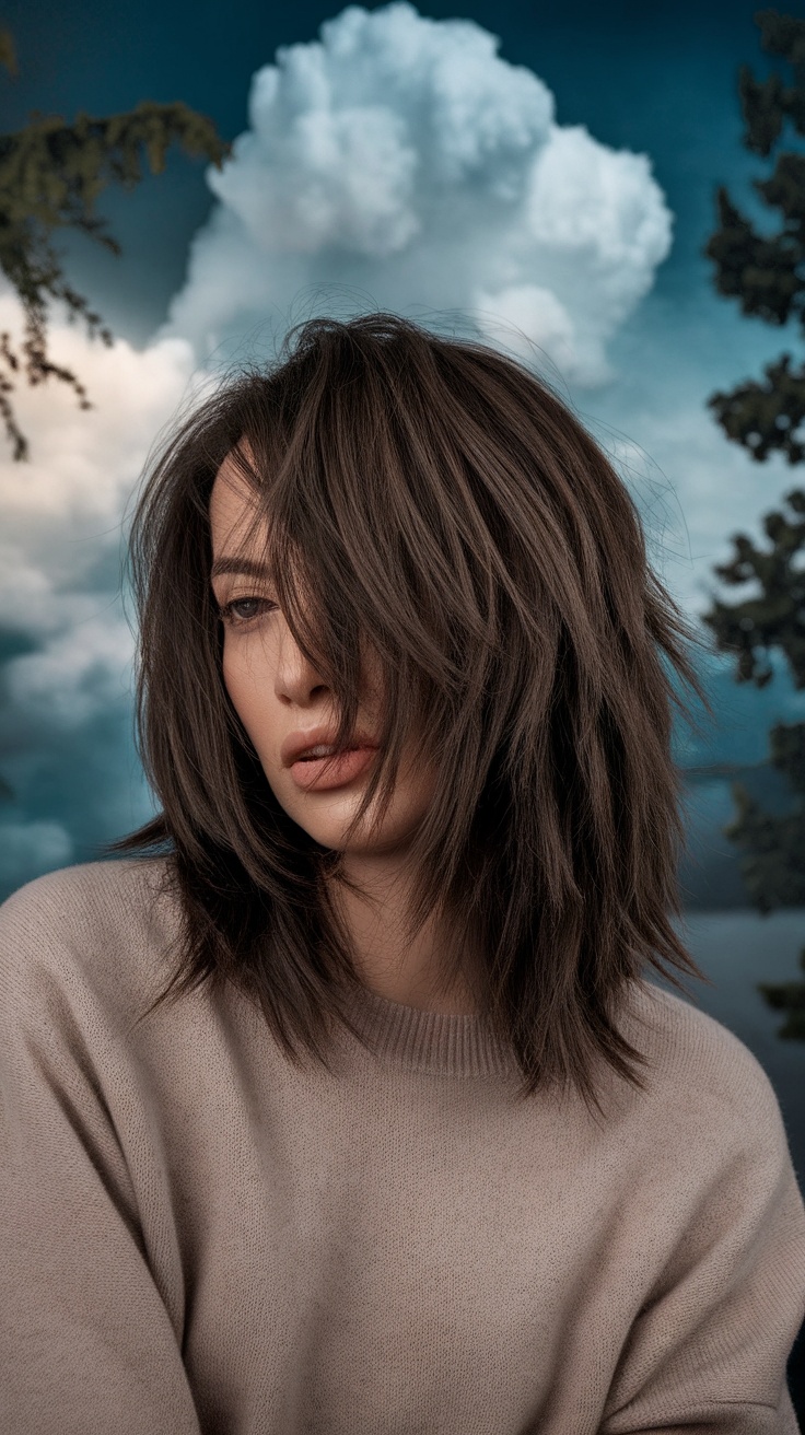 A man with a shaggy layered haircut, showcasing a modern and stylish look by a body of water.