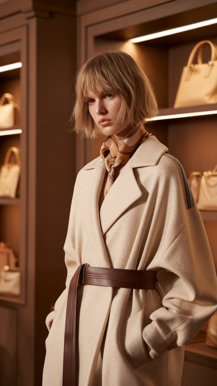 A model with a shaggy lob haircut, wearing a stylish coat.