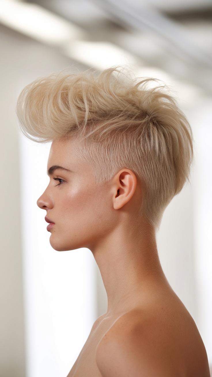 A model showcasing a short feathered haircut, featuring a voluminous top and shorter sides.