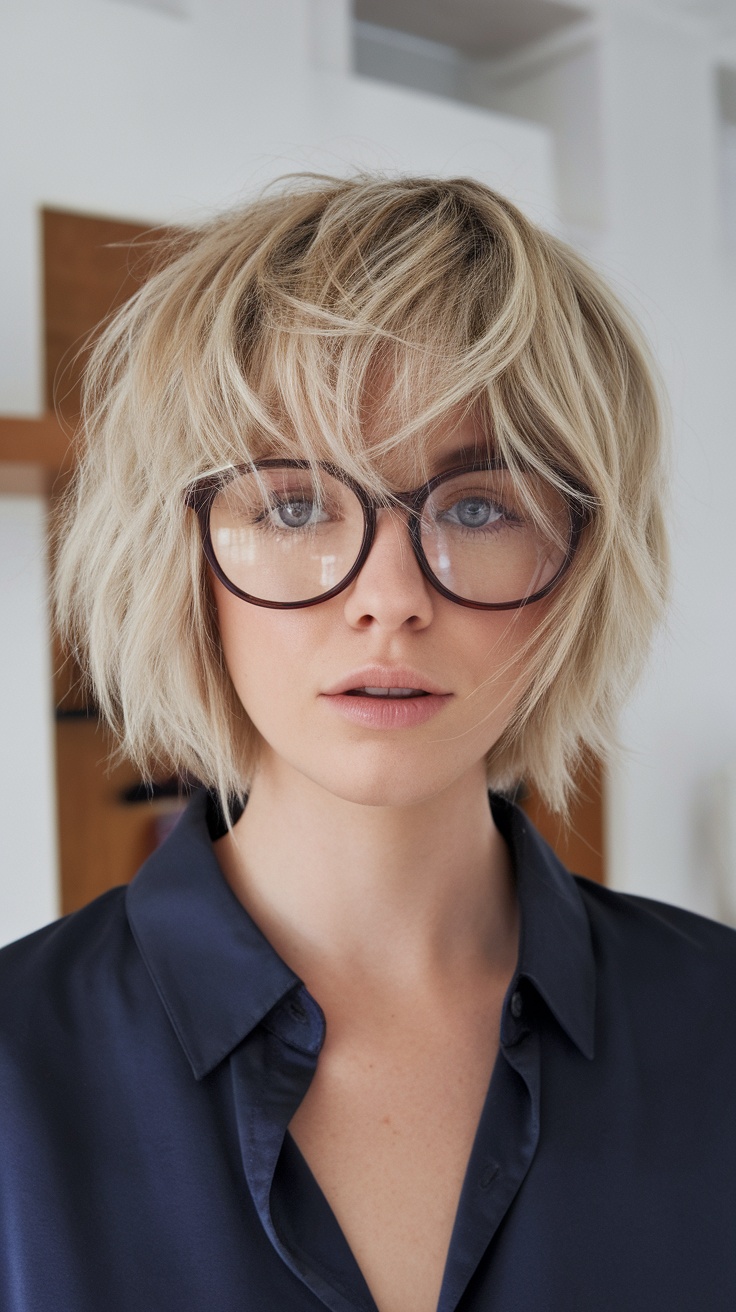 A woman with a short shag haircut, wearing glasses and a navy shirt, smiling softly.