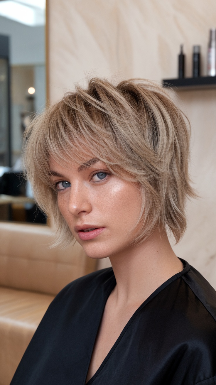 A woman with a short shag haircut, showcasing layers and texture.