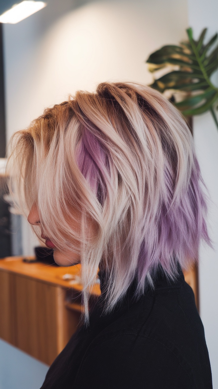 Side view of a short shag haircut with textured ends and purple highlights.