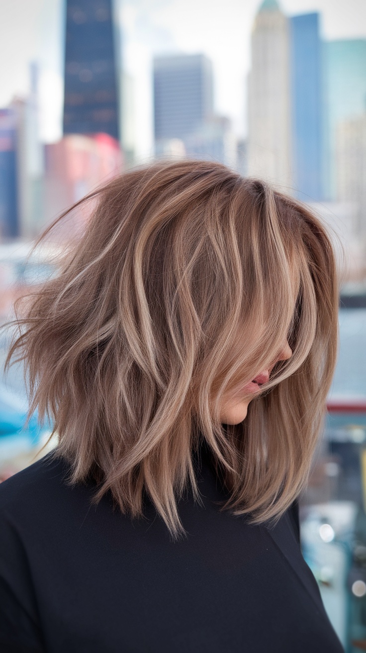 Shoulder-length shag haircut on wavy hair.
