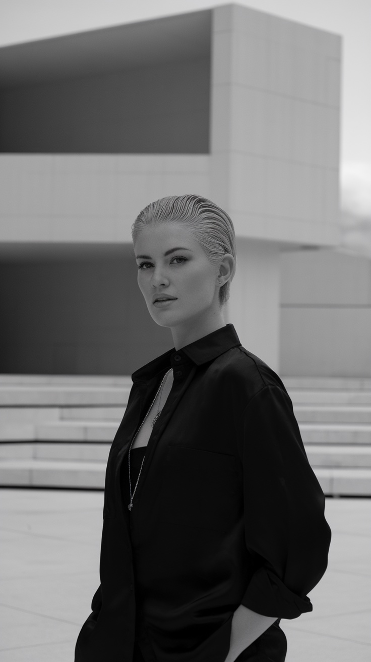 A model with a sleek backed pixie hairstyle, dressed in a black shirt, standing against a minimalist architectural backdrop.